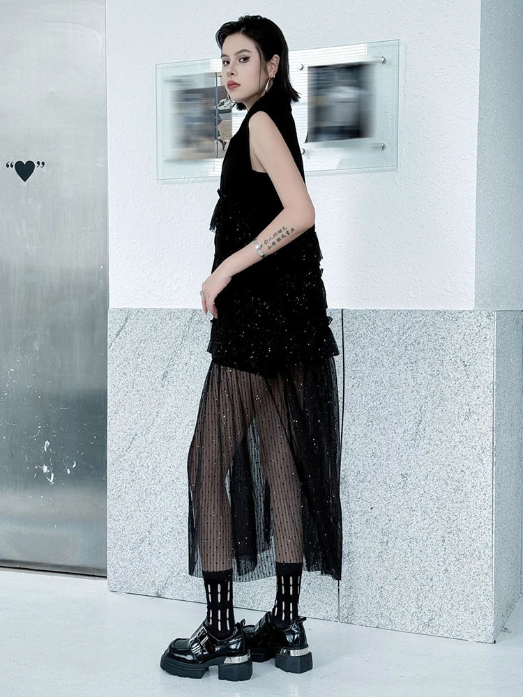 Women Black Singles Breasted Mesh Big Size Midi Vest Dress New Lapel Sleeveless Fashion Tide Spring Autumn 2025 1DJ1041