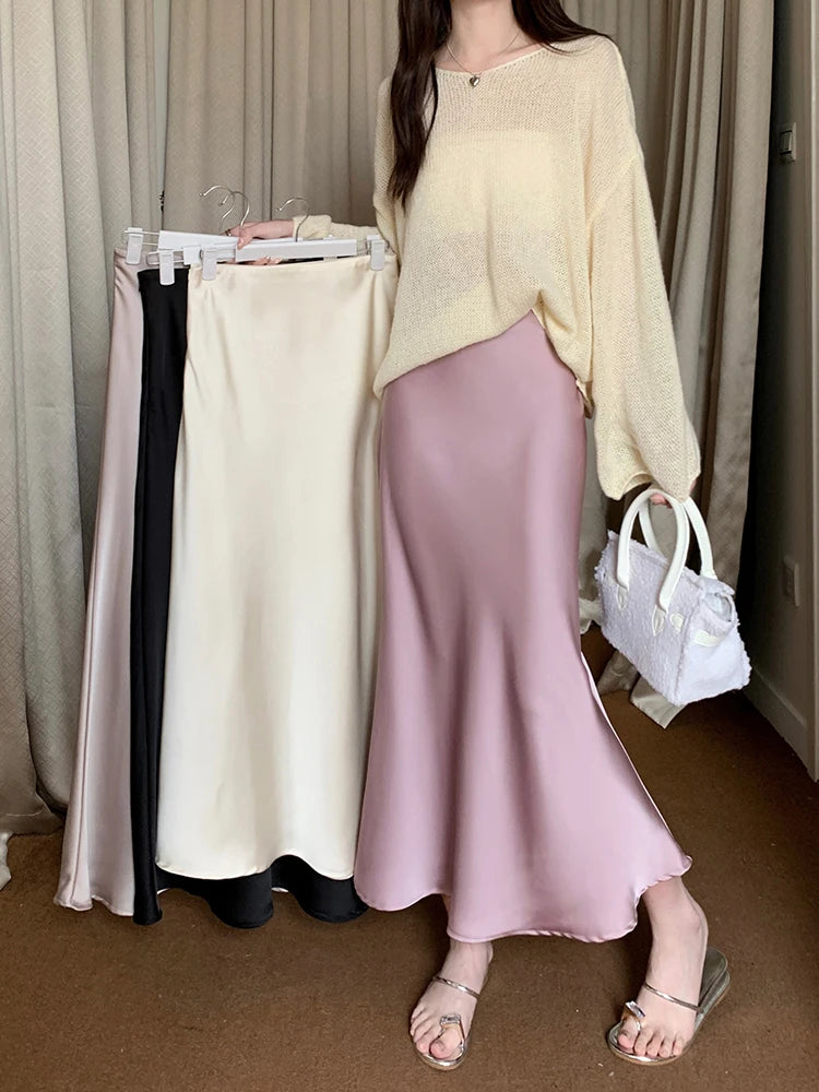 Autumn French 2024 Solid High Waist Vacation Long Skirt For Women Office Elegant Versatile Wrap Hip Fishtail Skirts Simplicity