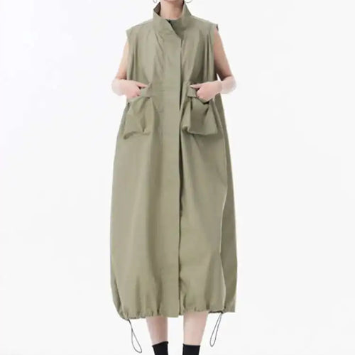 Load image into Gallery viewer, Women Green Pocket Hem Drawstring Big Size Vest Dress New Stand Collar Sleeveless Fashion Tide Spring Autumn 2025 1DJ0147
