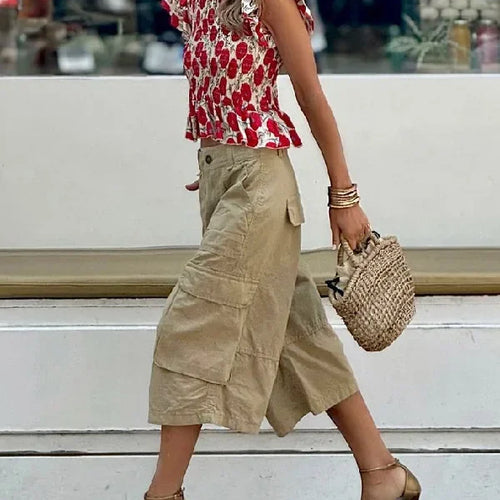 Load image into Gallery viewer, Summer Woman Wide Leg Capris Pants with Pockets New Trendy Split-joint Buttoned Loose Cropped Cargo Pants Female
