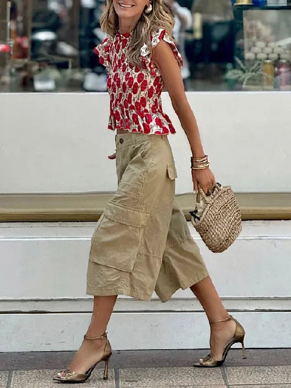 Summer Woman Wide Leg Capris Pants with Pockets New Trendy Split-joint Buttoned Loose Cropped Cargo Pants Female