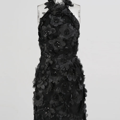 Load image into Gallery viewer, Solid Spliced 3D Flower Elegant Dresses for Women Halter Sleeveless Patchwork Sequins Fashion Mini Dress Female New
