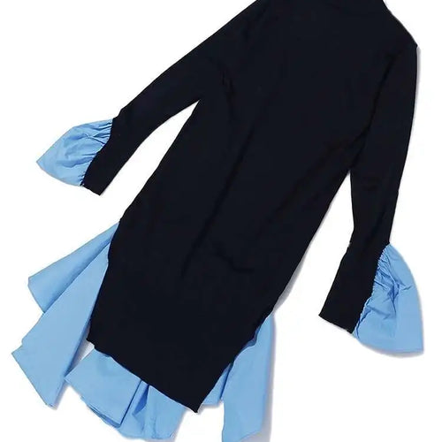 Load image into Gallery viewer, Women Blue Knitting Ruffles Irregular Elegant Dress New Turtleneck Long Sleeve Fashion Tide Spring Autumn 2025 1DH4512
