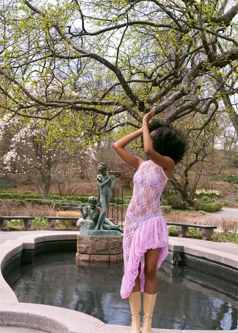 Lace See Through Ruffle Sexy Midi Dress Women Gown Summer Fashion High Waist Slim Thigh High Split Elegant Long Dress