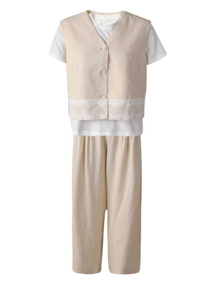 Big Size Lace Vest T-shirt Pants 3 Piece Suit New Round Neck Short Sleeve Women Fashion Tide Spring Autumn 2025 CPG3069