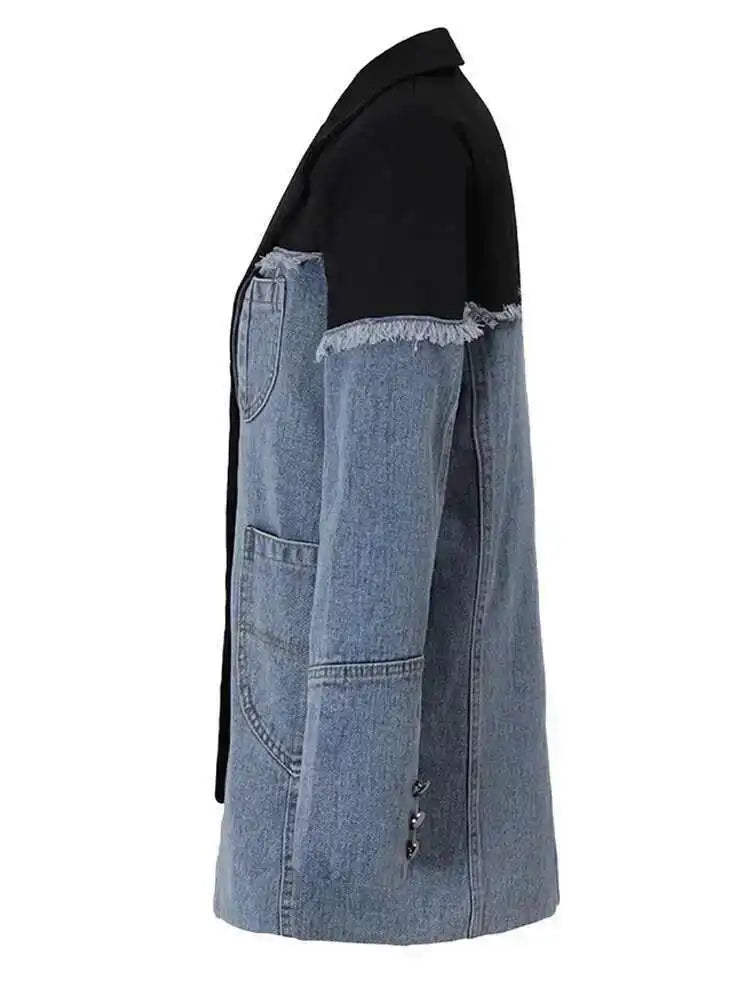 Women Blue Denim Irregular Casual Blazer New Lapel Long Sleeve Loose Fit Jacket Fashion Tide Spring Autumn 2025 1DH533905