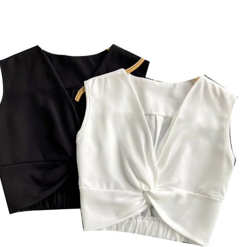 Load image into Gallery viewer, Women Clothing Summer Black V-neck Short Vest Ladies Casual Versatile White Sleeveless Pleated Tank Tops Simplicity Popular Chic
