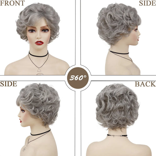 Load image into Gallery viewer, Old Lady Synthetic Granny Wigs for Women Silver Gray Wig with Bangs Natural Hairstyle Curly Short Haircuts for Mother Mommy Wigs
