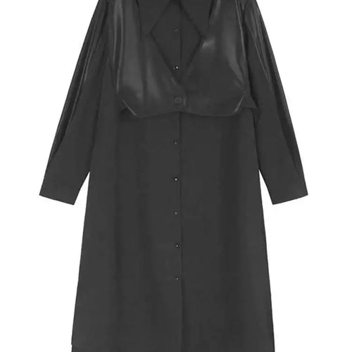 Load image into Gallery viewer, Women Black Pu Leather Vest False Two Big Size Shirt Dress New Lapel Long Sleeve Fashion Tide Spring Autumn 2025 1DH9653
