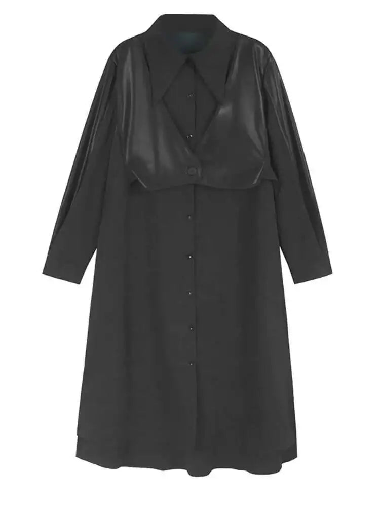 Women Black Pu Leather Vest False Two Big Size Shirt Dress New Lapel Long Sleeve Fashion Tide Spring Autumn 2025 1DH9653