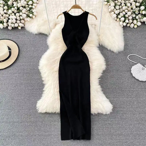 Load image into Gallery viewer, Fashion Women's Solid V Neck Elegant Sexy Club Slim Vest Long Dress Summer Vacation Backless Sleeveless Split Knitted Dress Chic
