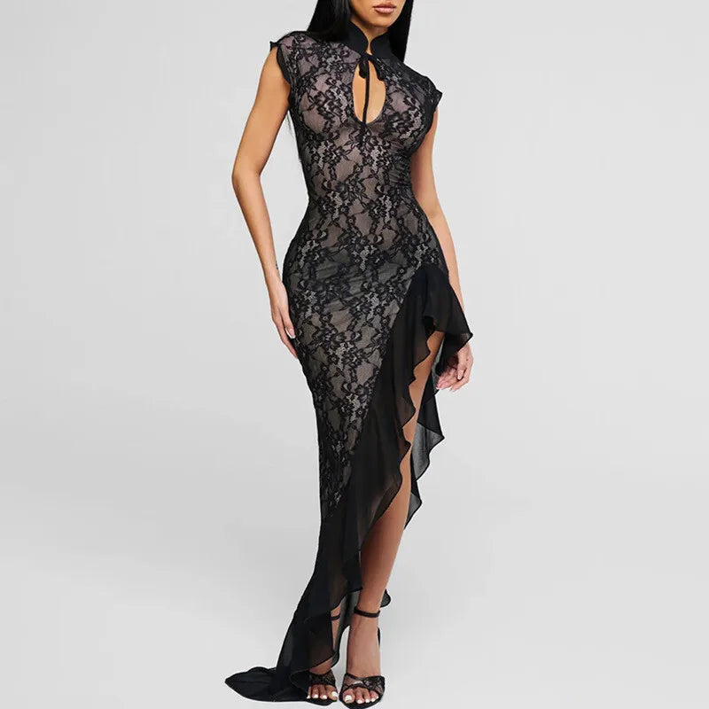 Mesh Lace Ruffled Sexy Maxi Dress For Women Gown Black Hollow Out Sleeveless Thigh High Split Club Long Dress Vestido