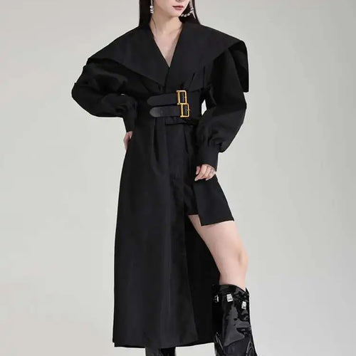 Load image into Gallery viewer, Women Black Irregular Shirt Dress New Lapel Lartern Long Sleeve Belt Waist Loose Fashion Tide Spring Autumn 2025 1DH2257
