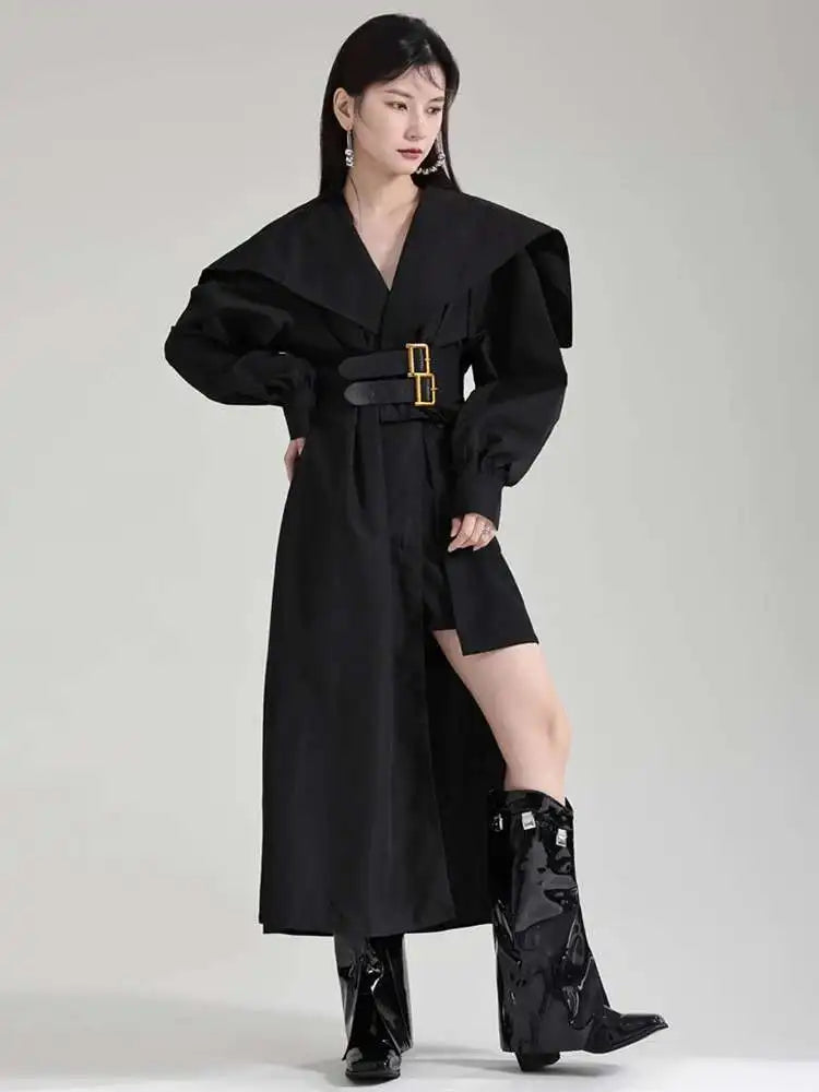 Women Black Irregular Shirt Dress New Lapel Lartern Long Sleeve Belt Waist Loose Fashion Tide Spring Autumn 2025 1DH2257