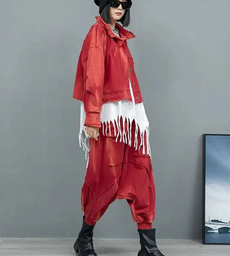 Big Size Red Short Jacket Pocket Cross Pants Two Piece Suit New Lapel Long Sleeve Women Fashion Tide Spring Autumn 2025