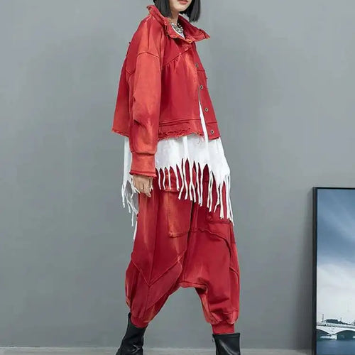 Load image into Gallery viewer, Big Size Red Short Jacket Pocket Cross Pants Two Piece Suit New Lapel Long Sleeve Women Fashion Tide Spring Autumn 2025
