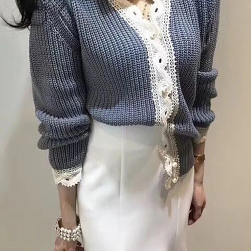 Load image into Gallery viewer, Knitting Solid Sweater For Women V Neck Long Sleeve Slim Spliced Button Autumn Sweater Female Fashion Style
