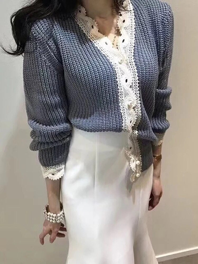 Knitting Solid Sweater For Women V Neck Long Sleeve Slim Spliced Button Autumn Sweater Female Fashion Style