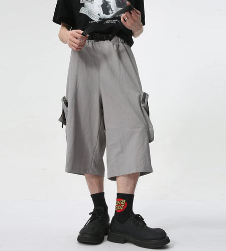 Men's Wear New Stylish Shorts Wide Leg Loose Large Pocket Knee-length Trousers Elastic Waist Lace-up Male Trend 9C6031