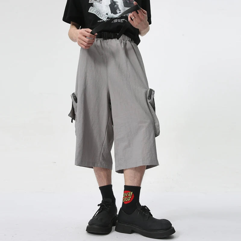 Men's Wear New Stylish Shorts Wide Leg Loose Large Pocket Knee-length Trousers Elastic Waist Lace-up Male Trend 9C6031