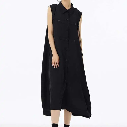 Load image into Gallery viewer, Women Army Green Button Big Size Midi Casual Shirt Dress New Lapel Sleeveless Fashion Tide Spring Summer 2025  1DH6614
