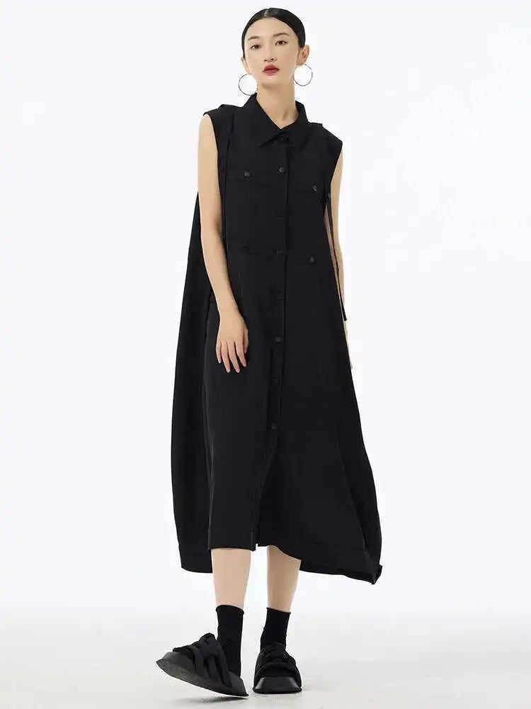 Women Army Green Button Big Size Midi Casual Shirt Dress New Lapel Sleeveless Fashion Tide Spring Summer 2025  1DH6614