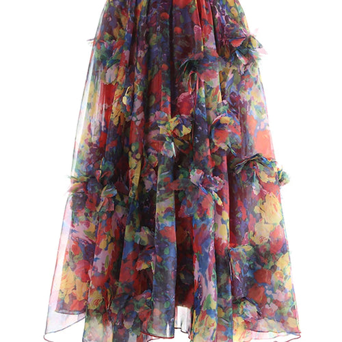 Load image into Gallery viewer, High Elastic Waist Red Flower Printed Organza Ball Gown Half-body Skirt Women Fashion Tide New Spring Autumn 2025 1DJ1139
