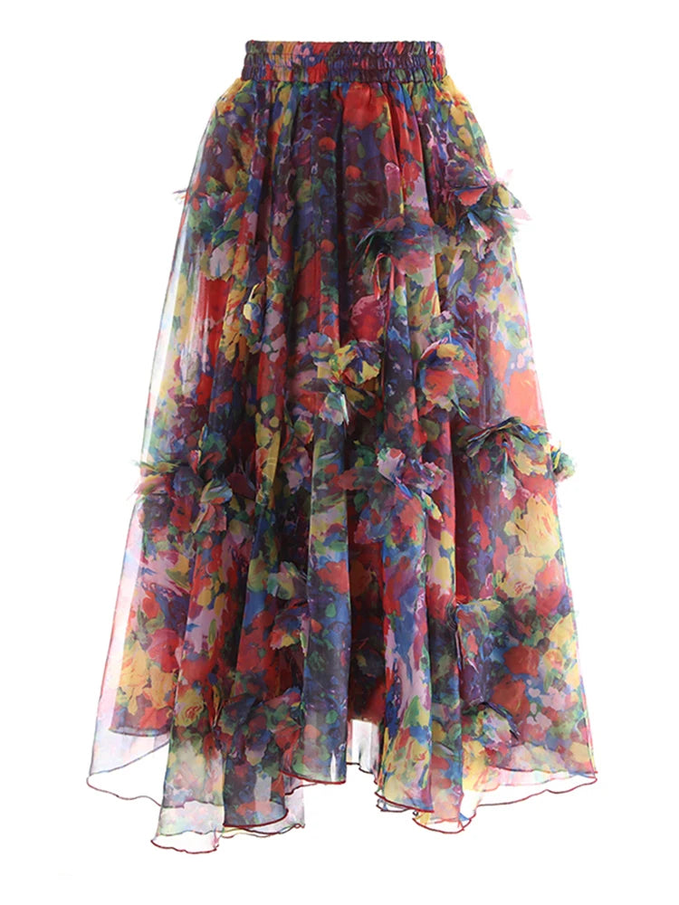 High Elastic Waist Red Flower Printed Organza Ball Gown Half-body Skirt Women Fashion Tide New Spring Autumn 2025 1DJ1139