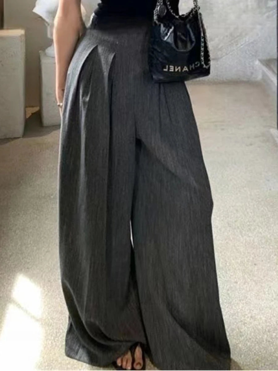 Solid Loose Spliced Folds Casual Pants for Women High Wasit Temperament Wide Leg Pant Female Fashion Clothing New
