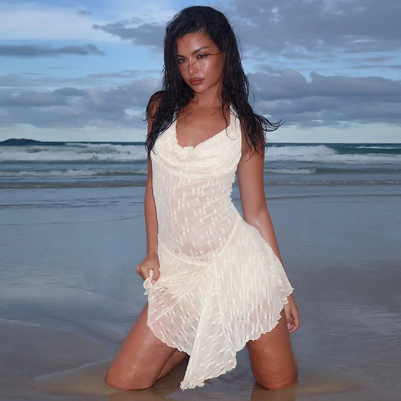 See Through Lace Halter Sexy Mini Dress Women Robe Halter Deep V Neck Backless Draped Ruffled Club Party Beach Dress