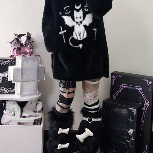 Load image into Gallery viewer, Harajuku Gothic Casual Oversized Knitted Jumpers Grunge Cartoon Sweater Fashion Knitwear Y2k Aesthetic Balack Loose Pullover
