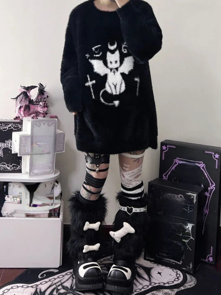 Harajuku Gothic Casual Oversized Knitted Jumpers Grunge Cartoon Sweater Fashion Knitwear Y2k Aesthetic Balack Loose Pullover