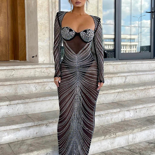 Load image into Gallery viewer, Glitter Mesh See Through Party Maxi Dress For Women Fashion Full Sleeve Bodycon Sexy Club Long Evening Dress Vestido
