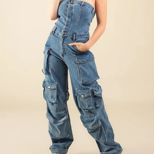 Load image into Gallery viewer, Patchwork Pockets Denim Jumpsuits For Women Strapless Sleeveless Off Shoulder High Waist Casual Fashion Jumpsuit Female
