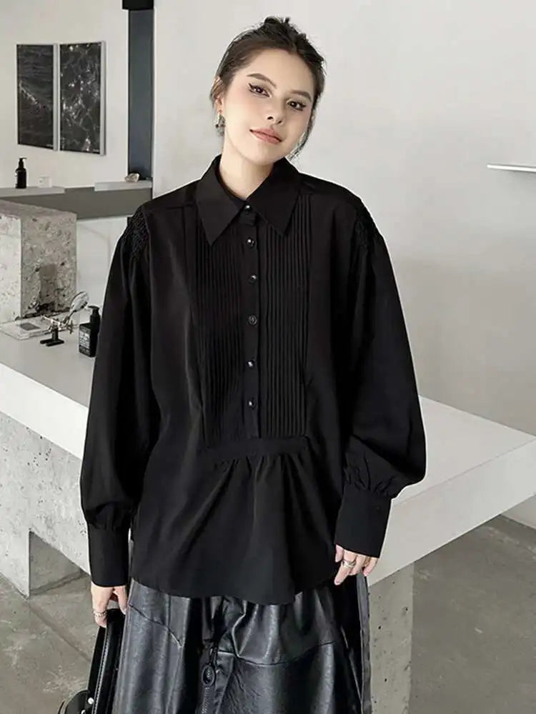 Women White Pleated Spliced Elegant Big Size Blouse New Lapel Long Sleeve Shirt Fashion Tide Spring Autumn 2025 1DH9133