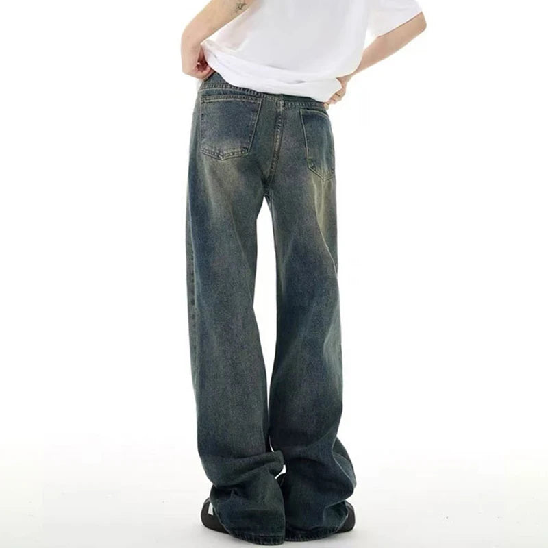 Men American Style Jeans High Street Washed Solid Color Highed Waisted Wide Leg Loose Flared Handsome Trousers 9W1489