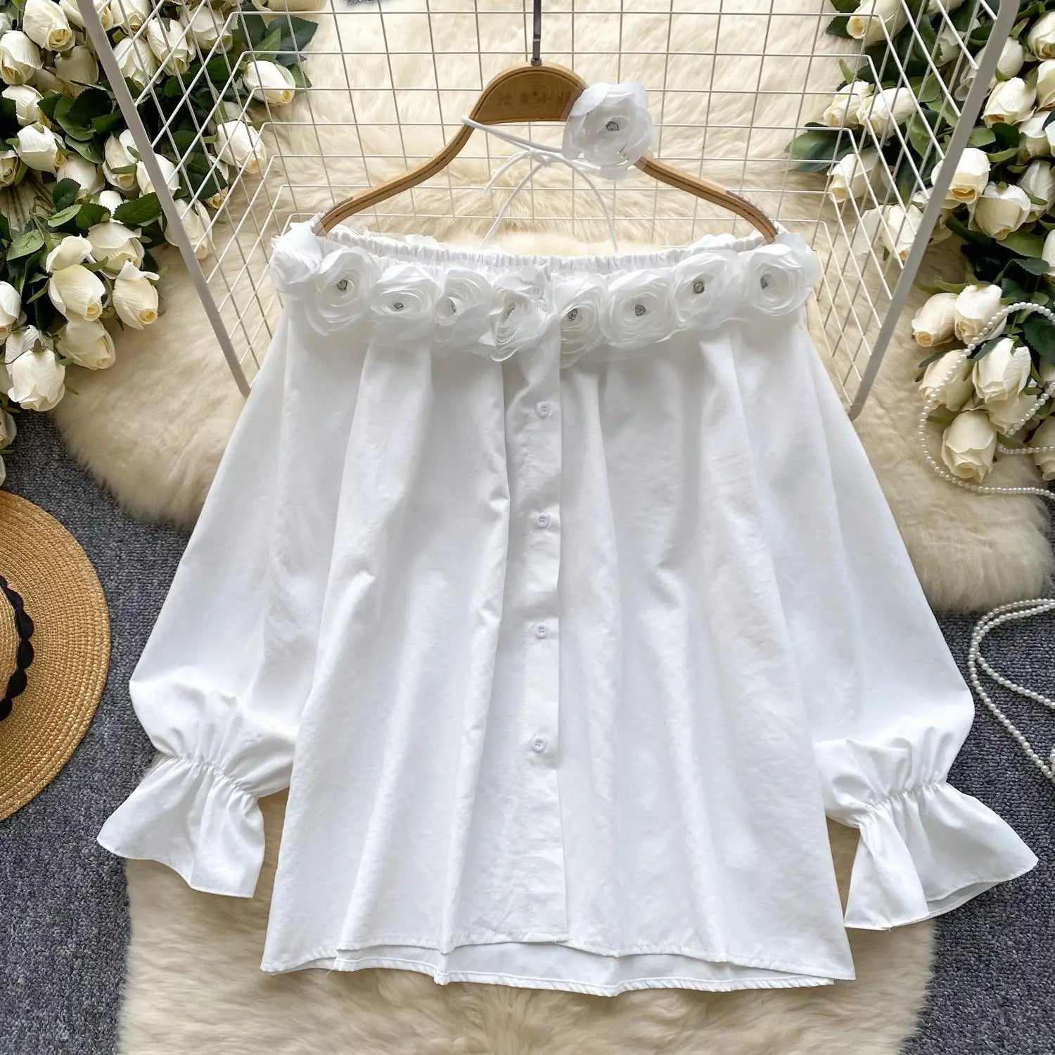 Autumn Korean Fashion Solid Diamond Floral Decoration Shirt Women Long Sleeves Off Shoulder Top Versatile Single Breasted Blouse
