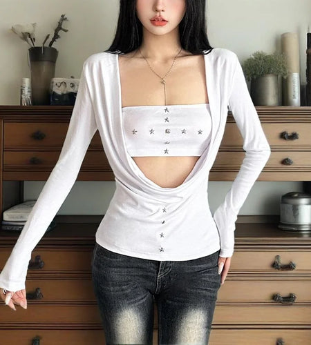 y2k Fairy Grunge Top Women Gothic Clothes Cowl Neck Long Sleeve T Shirt with Metal Star Tube Top 2000s Streetwear