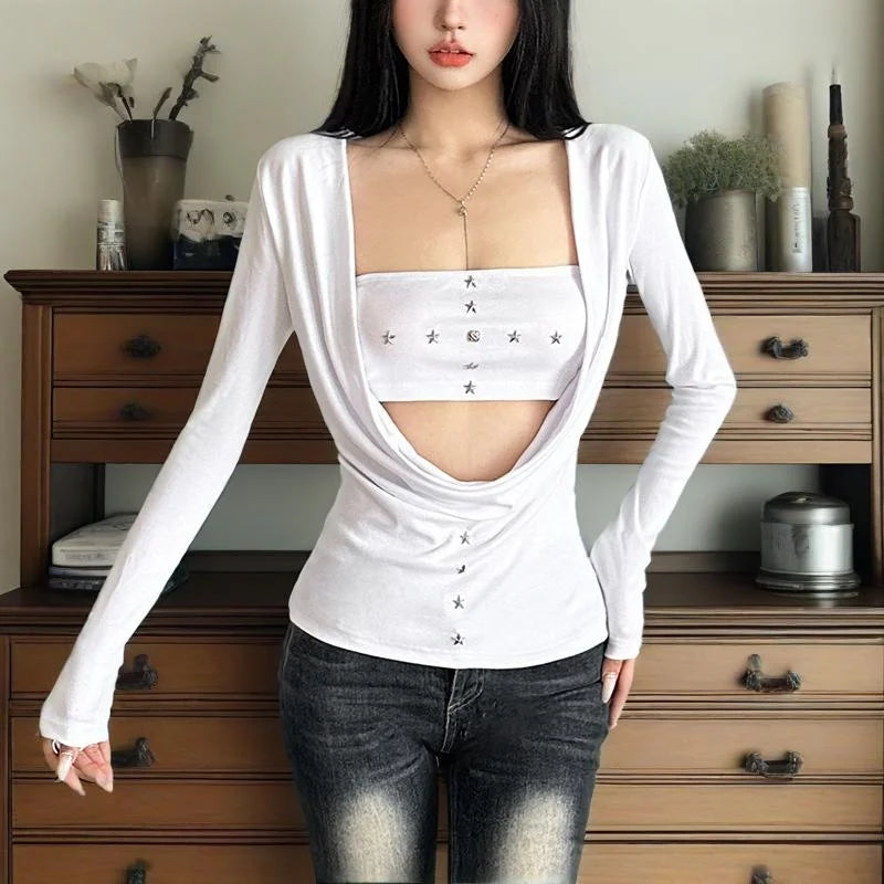 y2k Fairy Grunge Top Women Gothic Clothes Cowl Neck Long Sleeve T Shirt with Metal Star Tube Top 2000s Streetwear