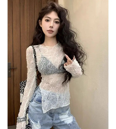 Lace Y2k Tops Sexy T Shirts for Women Long Sleeve O-neck Tunic Tees Fashion Korean Summer Camisetas See Through Crop Tshirts