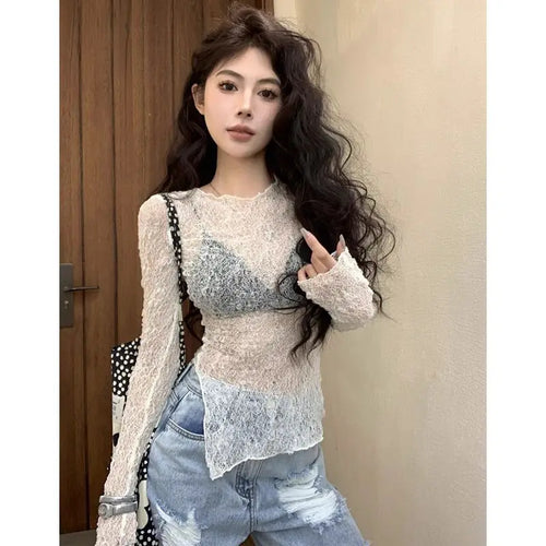 Load image into Gallery viewer, Lace Y2k Tops Sexy T Shirts for Women Long Sleeve O-neck Tunic Tees Fashion Korean Summer Camisetas See Through Crop Tshirts
