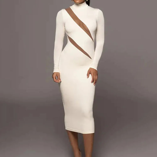 Load image into Gallery viewer, Autumn/Winter Long Sleeve Mesh Patchwork Dress Women's Perspective Bodycon Midi Dress Female Elegant Party Evening Dress
