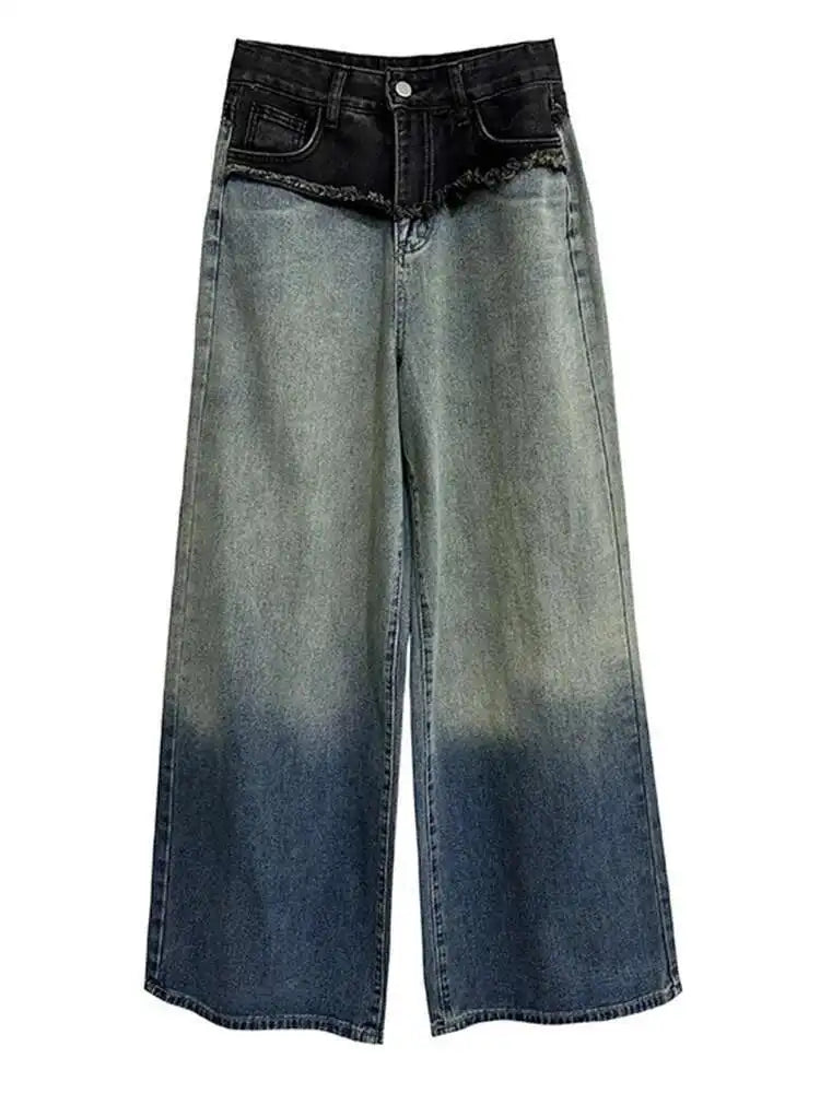High Waist Blue Gradual Color Denim Burr Long Wide Leg Jeans New Women Trousers Fashion Tide Spring Autumn 2025 1DH5146