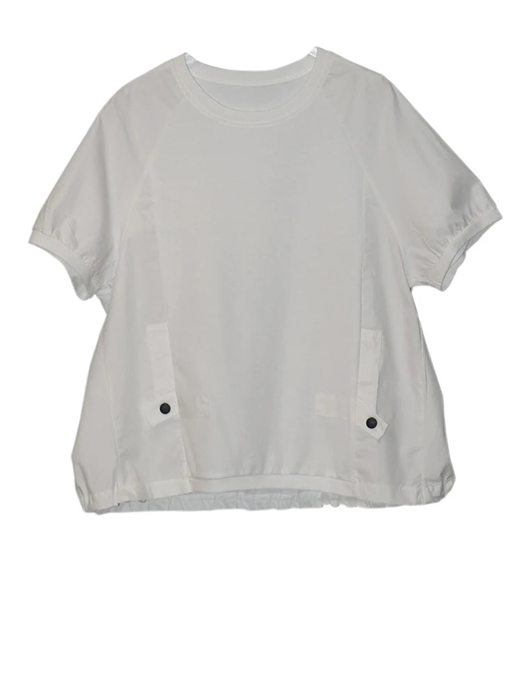 Women Black Spliced Brief Big Size Casual T-shirt New Round Neck Short Sleeve Fashion Tide Spring Summer 2025 1DJ0803