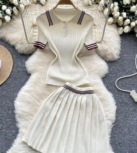 Summer Beige Stripe Short Sleeve Button Knitted Tops + High Waist Pleated Mini Skirt Women College Style Sexy Two-piece Set Chic