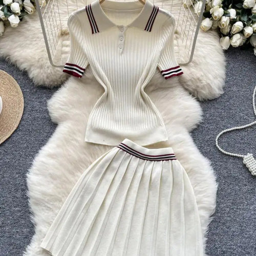 Load image into Gallery viewer, Summer Beige Stripe Short Sleeve Button Knitted Tops + High Waist Pleated Mini Skirt Women College Style Sexy Two-piece Set Chic
