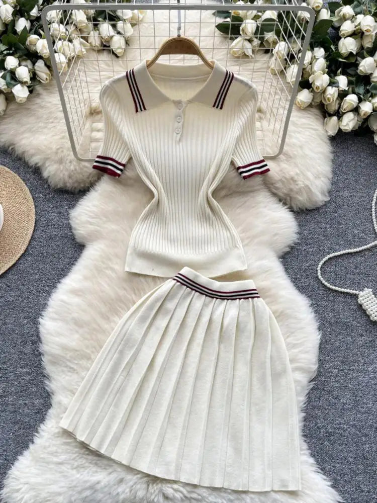 Summer Beige Stripe Short Sleeve Button Knitted Tops + High Waist Pleated Mini Skirt Women College Style Sexy Two-piece Set Chic