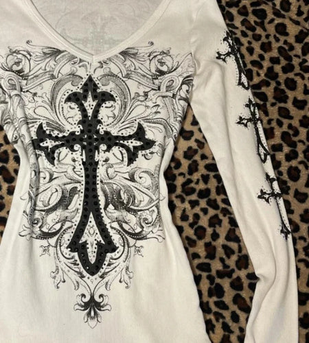 Harajuku Vintage Cross Printing T-shirts Streetwear White Y2k Aesthetic Loose Sexy Tshirts Women Grunge Diamond Autumn Tops