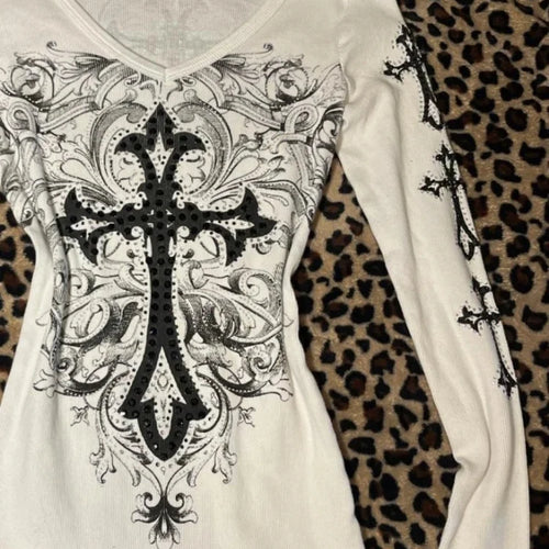 Load image into Gallery viewer, Harajuku Vintage Cross Printing T-shirts Streetwear White Y2k Aesthetic Loose Sexy Tshirts Women Grunge Diamond Autumn Tops
