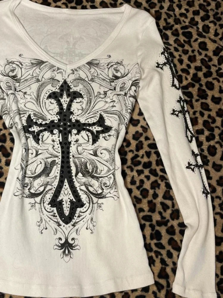 Harajuku Vintage Cross Printing T-shirts Streetwear White Y2k Aesthetic Loose Sexy Tshirts Women Grunge Diamond Autumn Tops